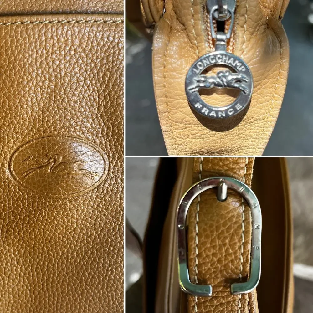 Longchamp Le Foulonne Pebbled Leather Crossbody Bag Tan Silver Vintage Y2K